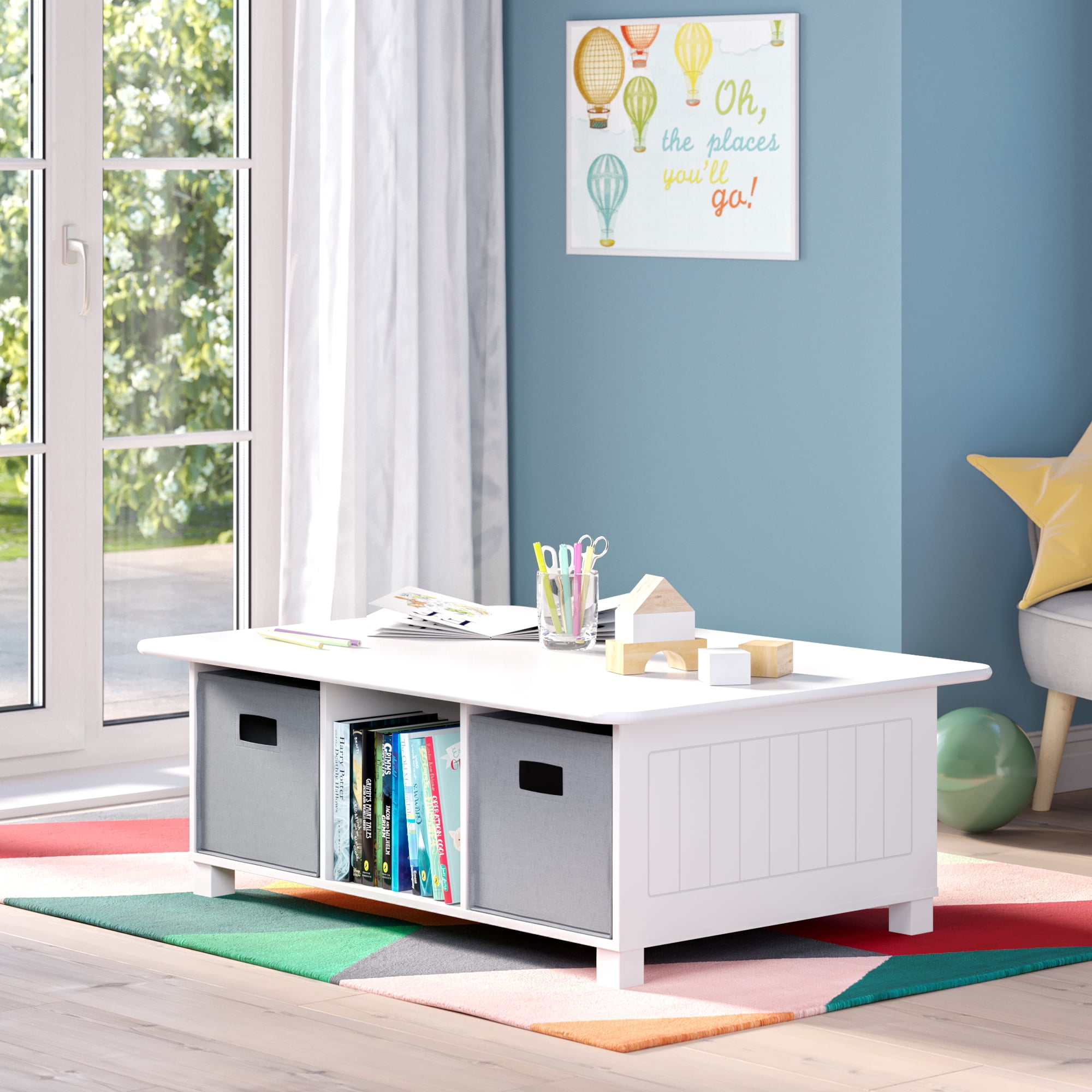 RiverRidge Kids Desk Activity and Play Table with 6 Storage Cubbies White with 2 Red Fabric Bins Walmart