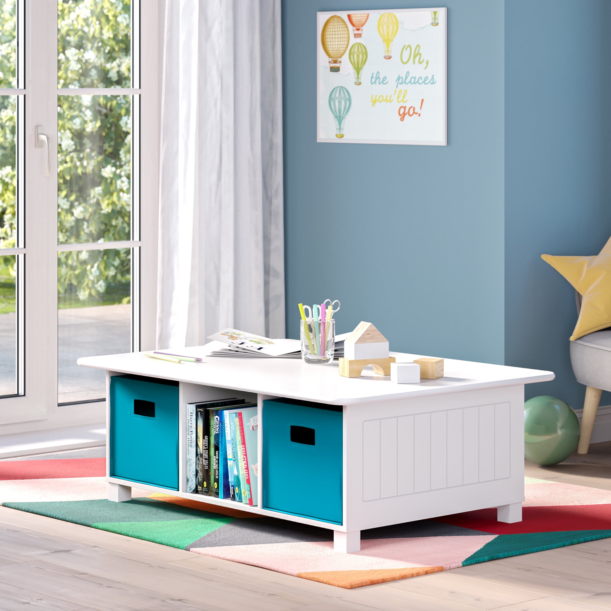 White Wooden Kids Activity Table with 6 Storage Cubbies