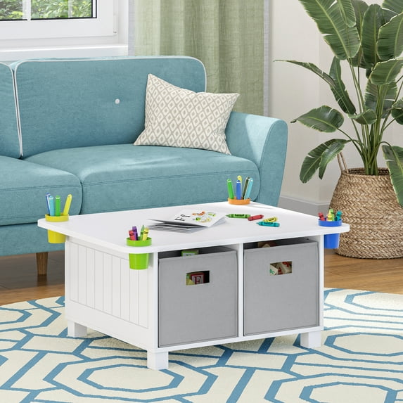 RiverRidge Kids Art Activity Table Desk with 4 Cubbies, 4 Storage Cups, and 2 Gray Bins