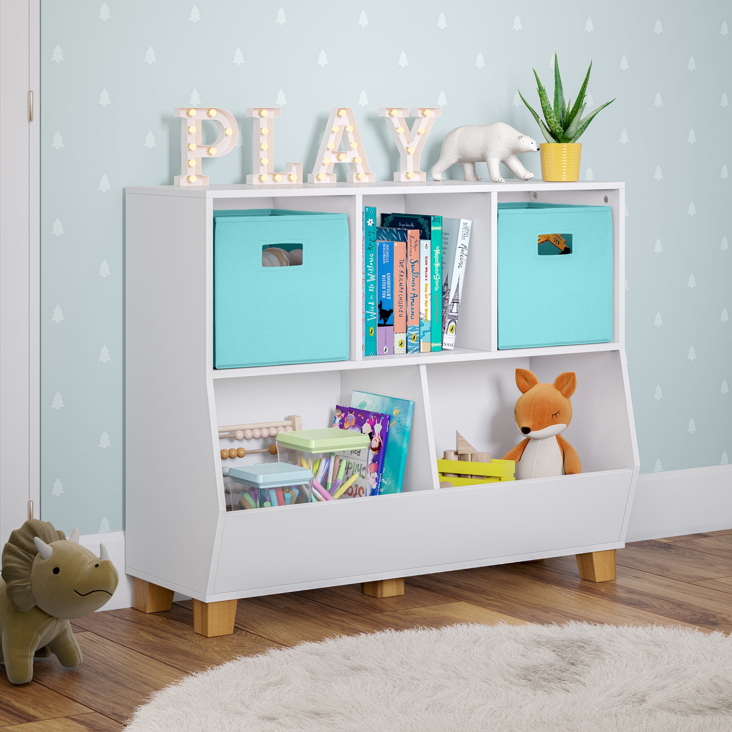 35" White Kids Toy Organizer with Cubbies and Compartments