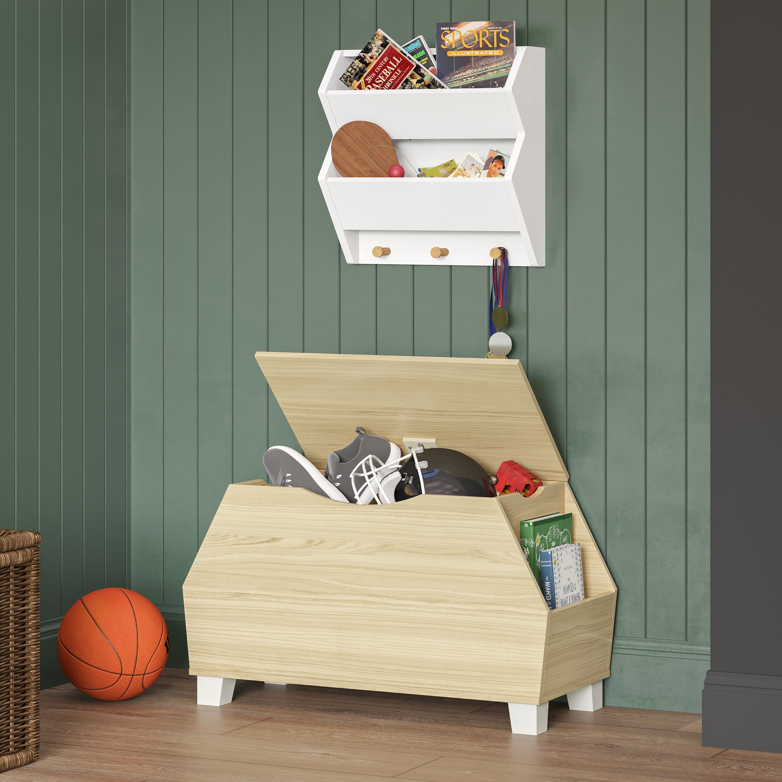 Light Woodgrain Kids' Toy Storage Box with Side Shelves