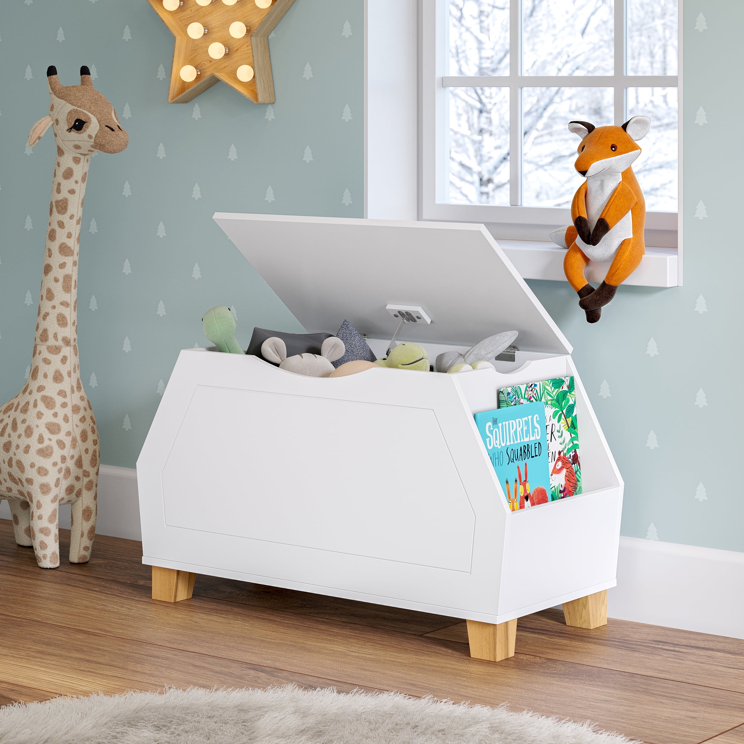 White Wooden Kids Toy Storage Box with Side Bookshelves