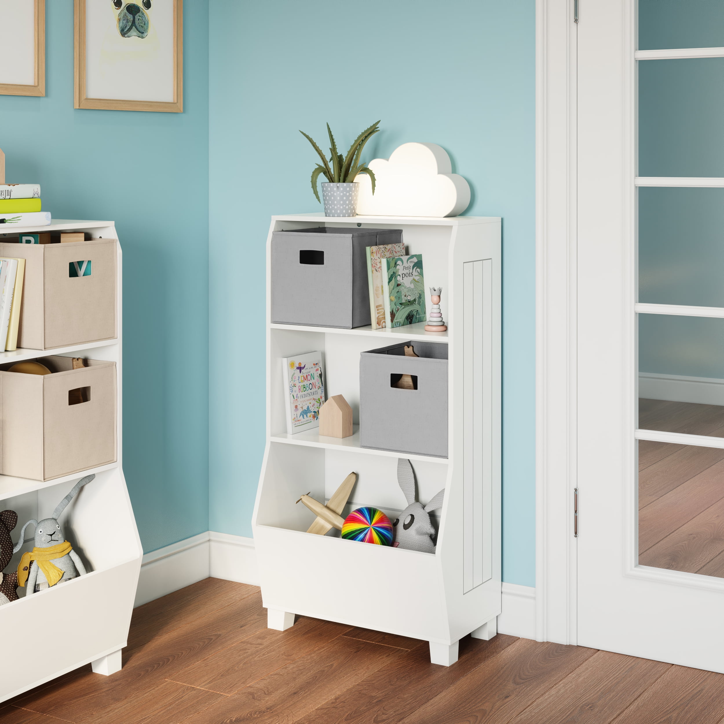 RiverRidge Kids 23in Playroom Bookshelf with Toy Organizer 2 Open Shelves and 2 Gray Bins