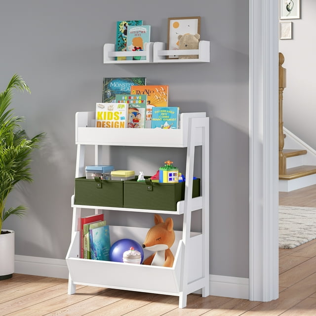 RiverRidge Kids 3-Tier Ladder Shelf Toy Organizer & Bookshelf with Bookrack, Open Shelves & Storage Bin - White with 2 10" Floating Bookshelves