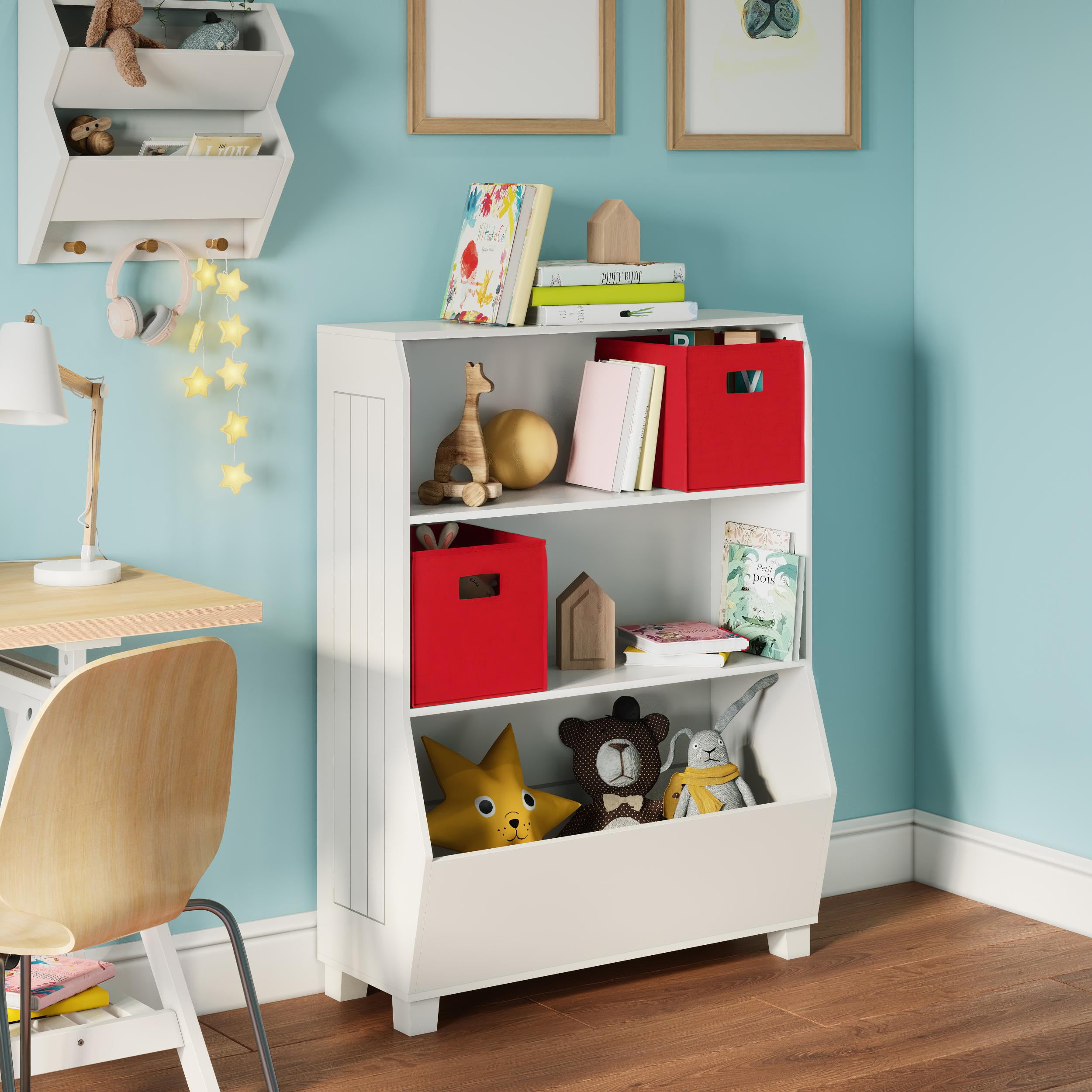 RiverRidge Kids 34in Playroom Bookshelf with Toy Organizer 2 Open Shelves and 2 Red Bins