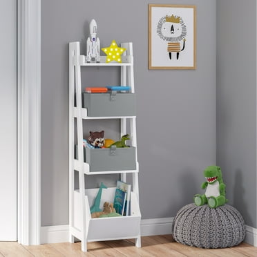 RiverRidge Kids 4-Tier 13in Ladder Shelf Toy Organizer and Book Storage with 3 Open Display Shelves - White with Two 5" Gray Fabric Bins