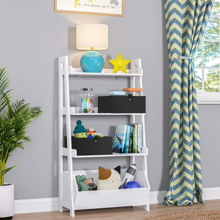 RiverRidge Kids 24in 4-Tier Ladder Shelf Toy Organizer, Book Storage, and 2 Black Bins