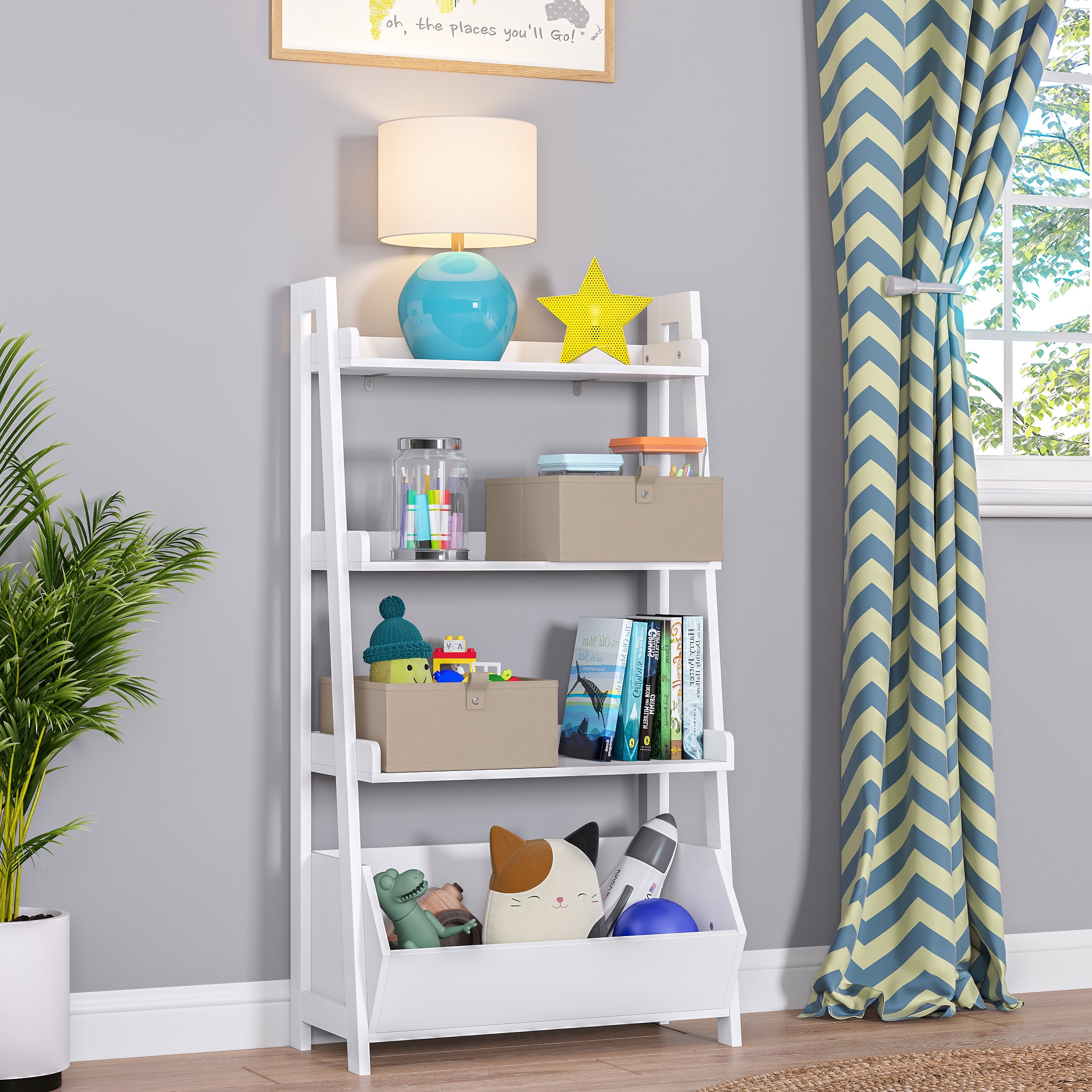 RiverRidge Kids 24in 4-Tier Ladder Shelf Toy Organizer, Book Storage, and 2 Taupe Bins