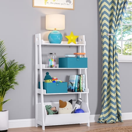 RiverRidge Kids 24in 4-Tier Ladder Shelf Toy Organizer, Book Storage, and 2 Turquoise Bins