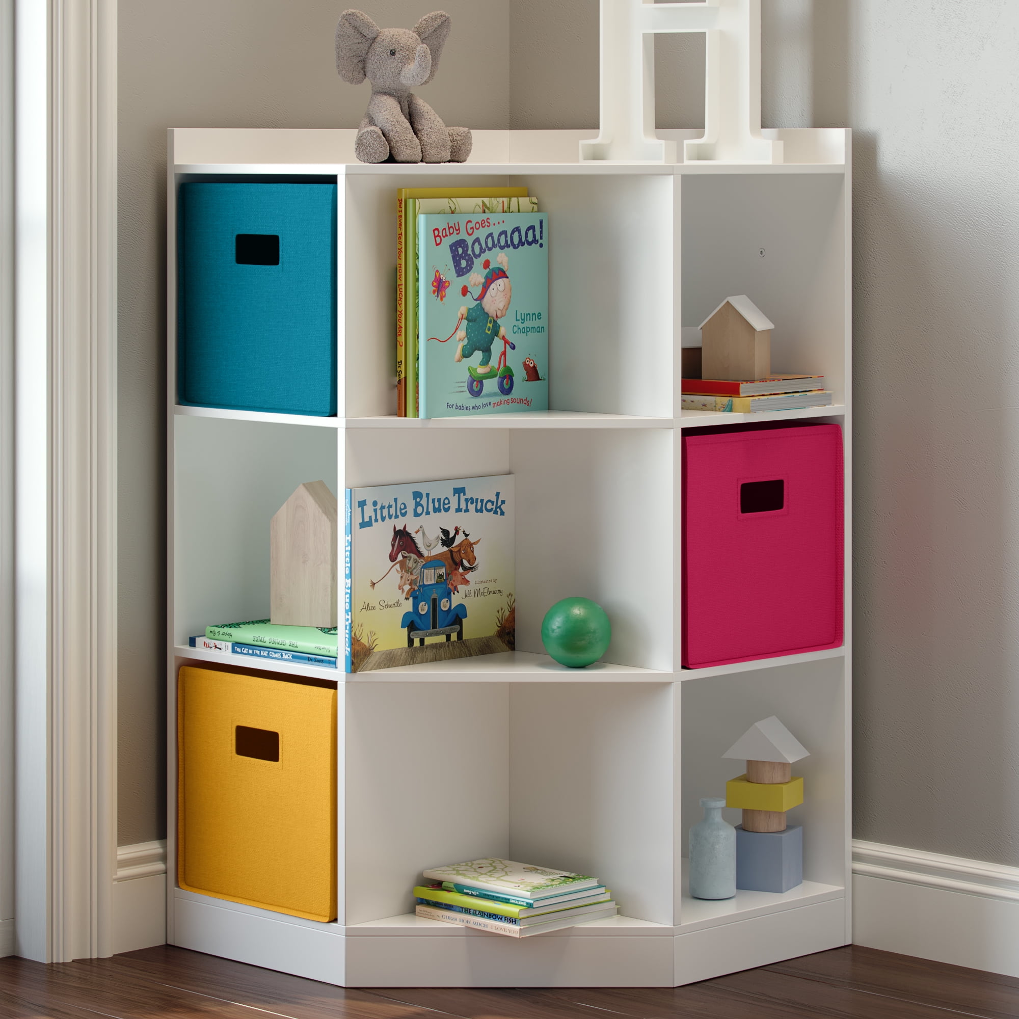 3-Tier Kids Storage Shelf Corner Cabinet with 3 Baskets + Free