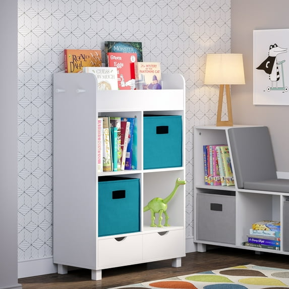RiverRidge Kids Book Nook Cubby Toy Storage Cabinet with Bookshelf and 2 Aqua Bins