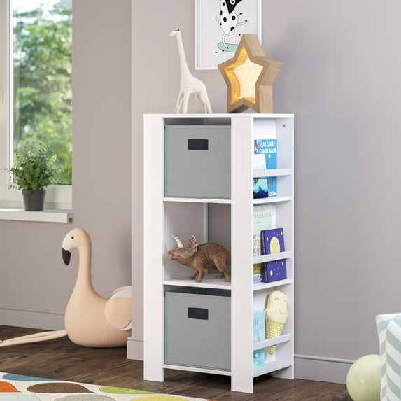 RiverRidge Kids Bookshelf Toy Organizer Tower with 3 Cubbies 6 Bookracks and 2 Gray Bins