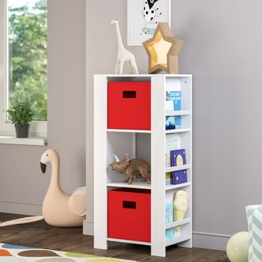 RiverRidge Kids Bookshelf and Toy Organizer Tower with 3 Cubbies and 6 Bookracks for Playroom, Nursery, and Reading Nook - White with 2 Red Fabric Bins