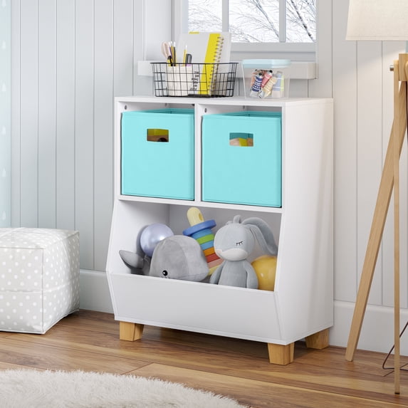 RiverRidge Kids Catch-All 24in Cubby Bookshelf and Toy Storage Organizer with 2 Aqua Bins