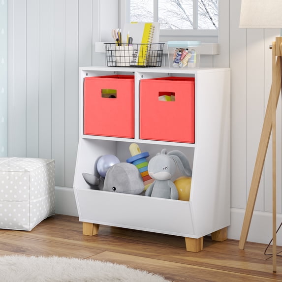 RiverRidge Kids Catch-All 24in Cubby Bookshelf and Toy Storage Organizer with 2 Coral Bins
