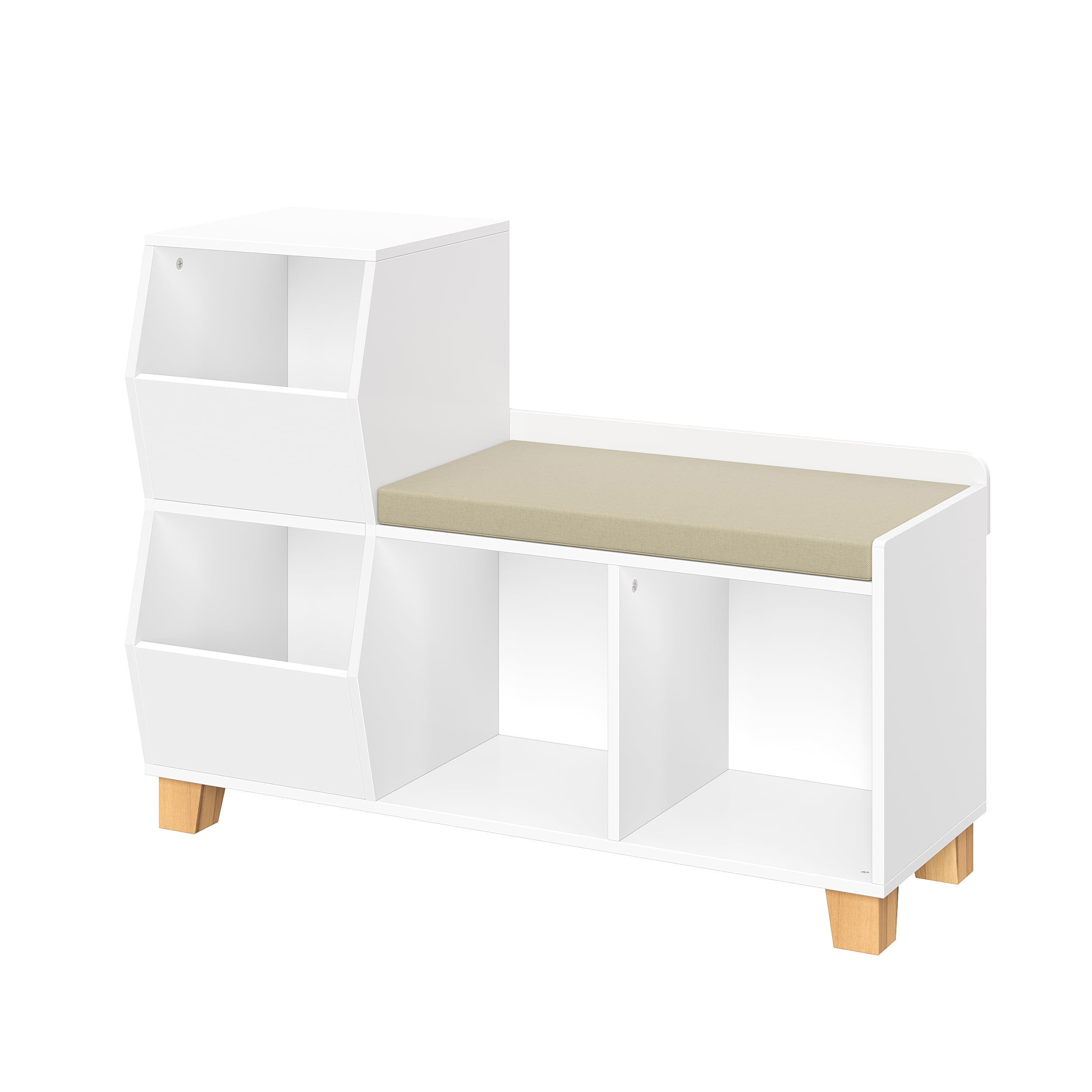 White MDF Kids Storage Bench with Beige Cushion and Cubbies