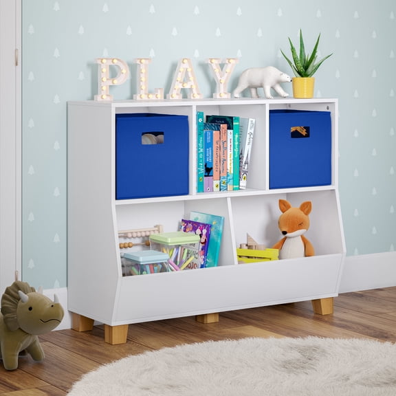 RiverRidge Kids Catch-All 35in Cubby Bookshelf and Toy Storage Organizer with 2 Blue Bins