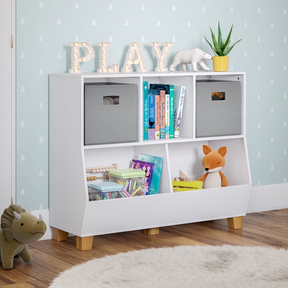 RiverRidge Kids Catch-All 35in Cubby Bookshelf and Toy Storage Organizer with 2 Gray Bins