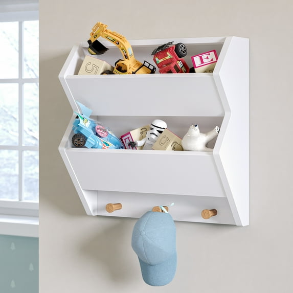 RiverRidge Kids Catch-All Wall Bookshelf with 2 Toy Storage Cubbies and 3 Hooks - White