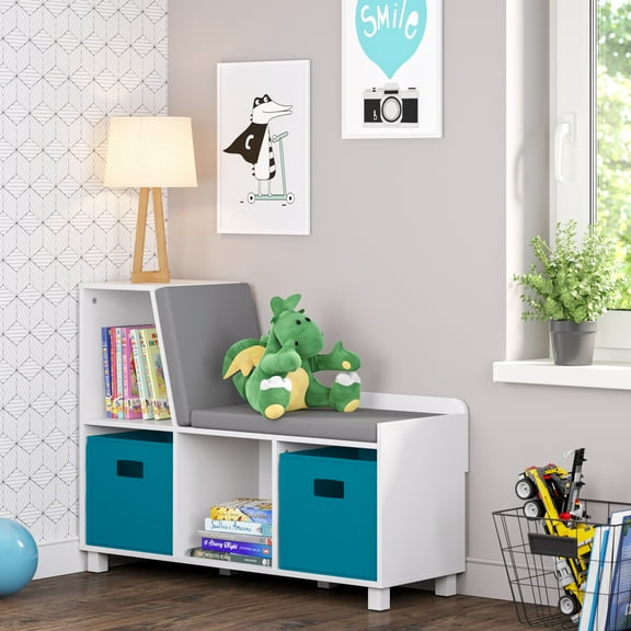 RiverRidge Kids Book Nook Toy Storage Bench with Cubby Organizers, Cushion and 2 Aqua Bins