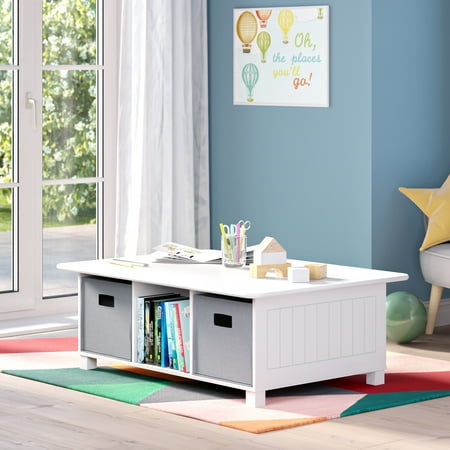 RiverRidge Kids Activity and Play Table Desk with 6 Storage Cubbies and 2 Gray Bins