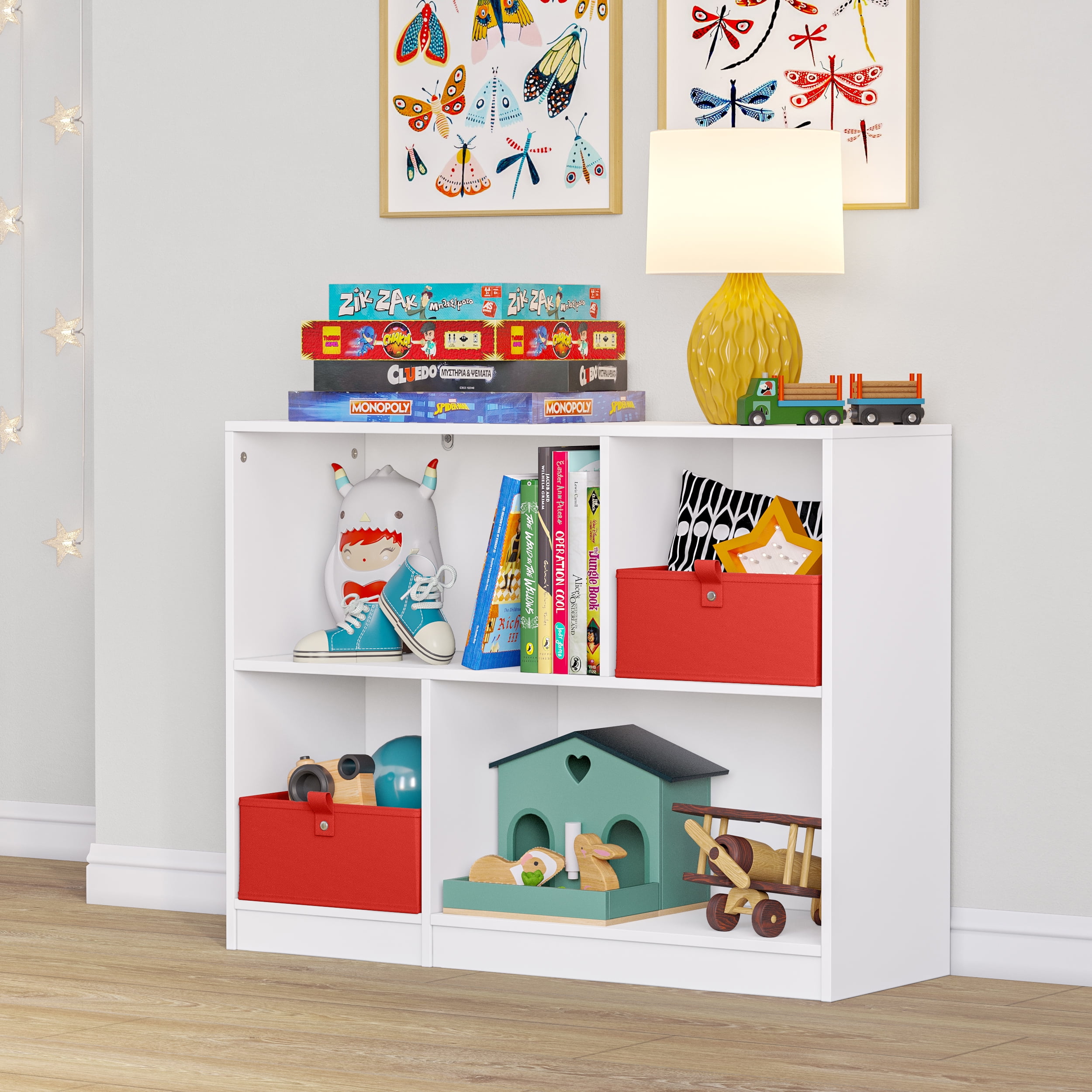 RiverRidge Kids Horizontal Bookshelf Toy Organizer with 2 Open Shelves \u0026 2 Cubbies - White