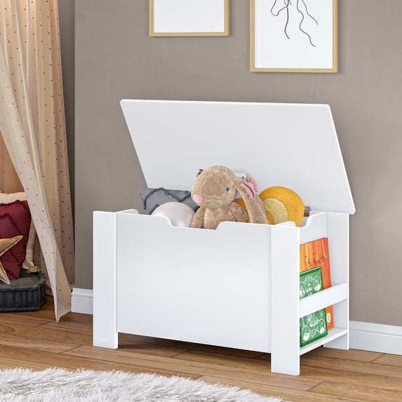 RiverRidge Kids Toy Box Playroom Storage Chest Organizer with Side Bookracks - White