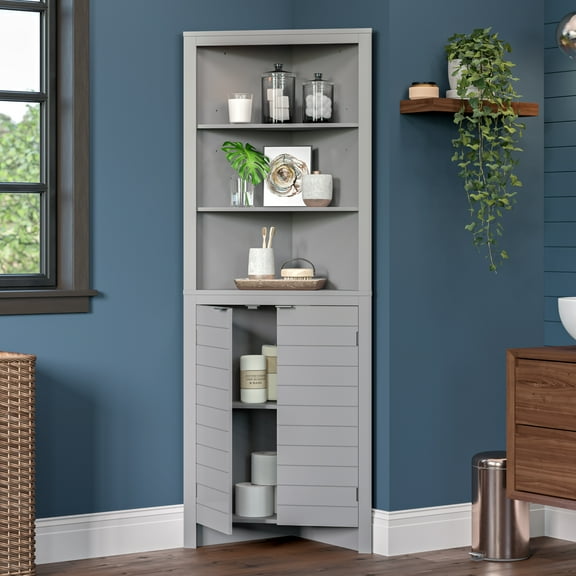 RiverRidge Madison Tall Corner Bathroom Linen Storage Cabinet with Open Shelves - Gray