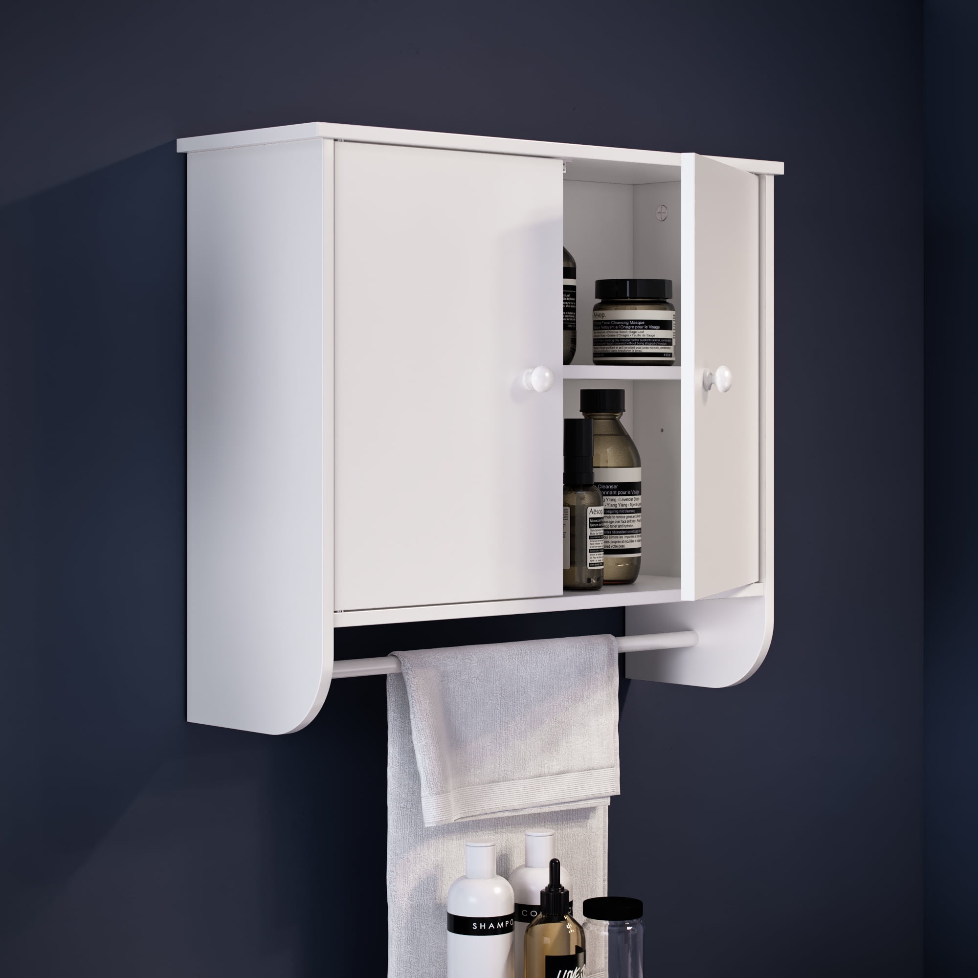 White Two-Door Wall Mounted Medicine Cabinet with Towel Bar