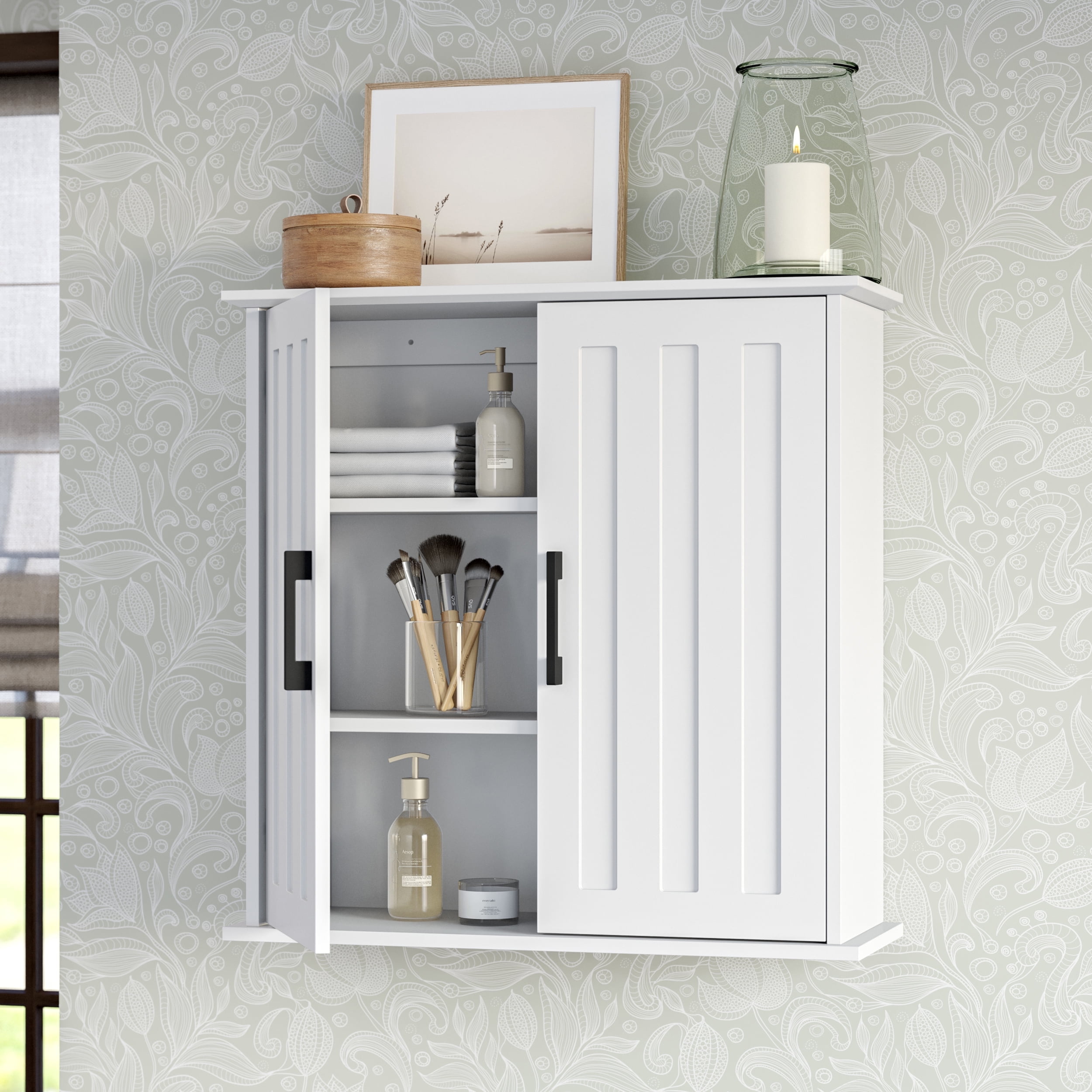 White Matte MDF Two-Door Medicine Cabinet with Adjustable Shelves