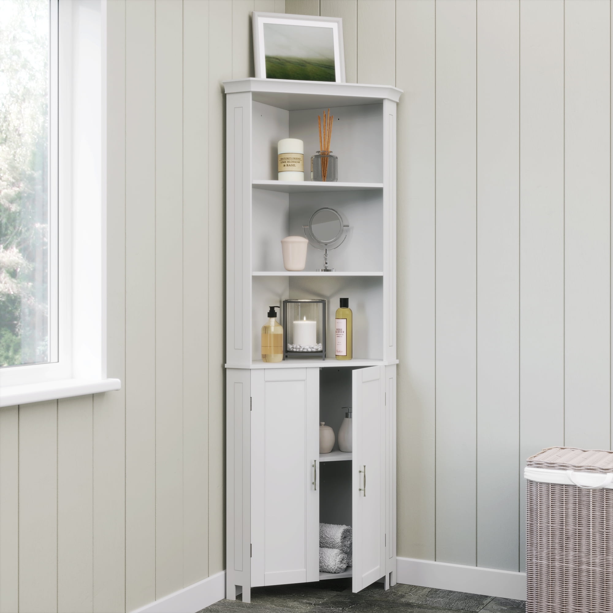White Tall Corner Storage Cabinet with Adjustable Shelving