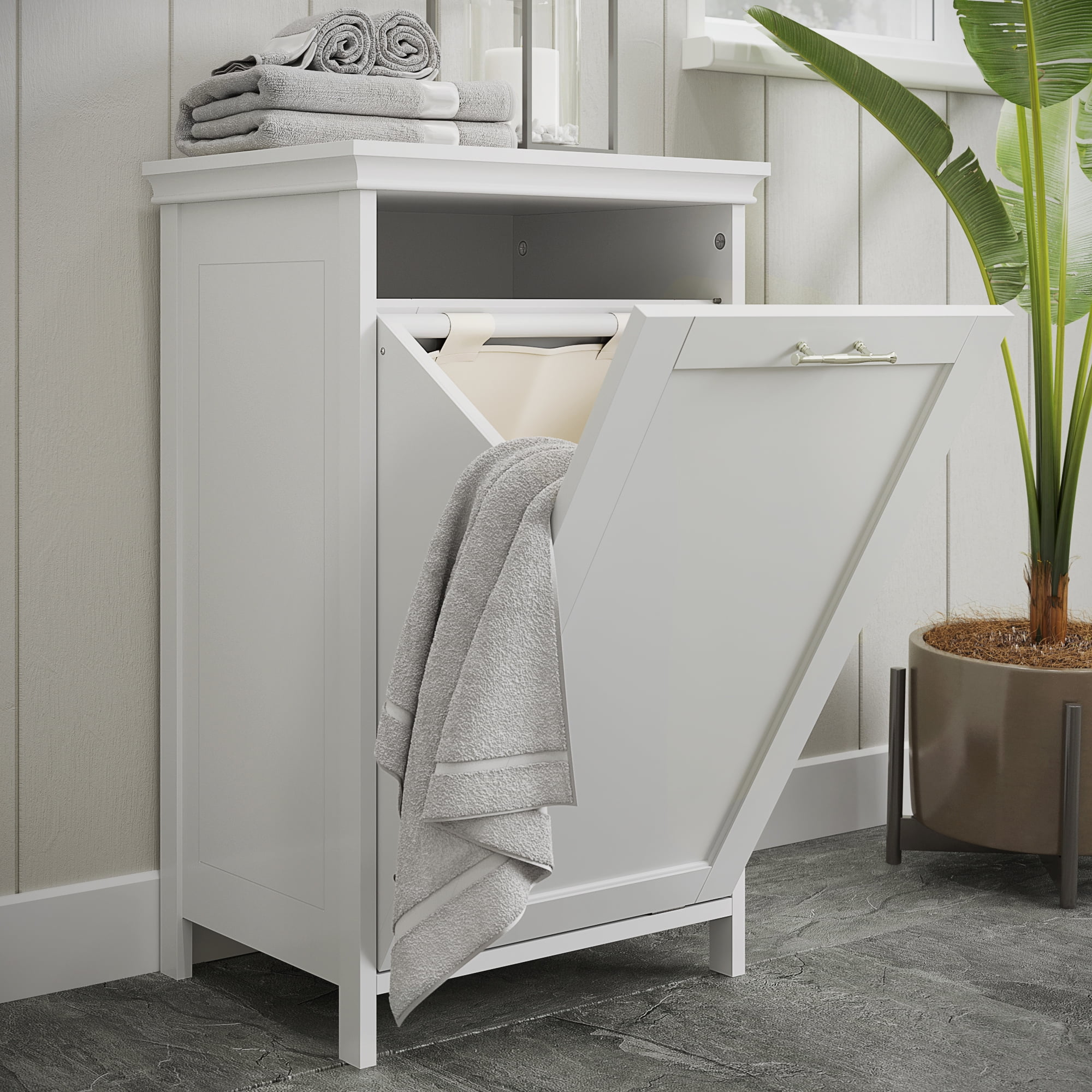 White MDF Tilt-Out Laundry Hamper Cabinet with Removable Bag