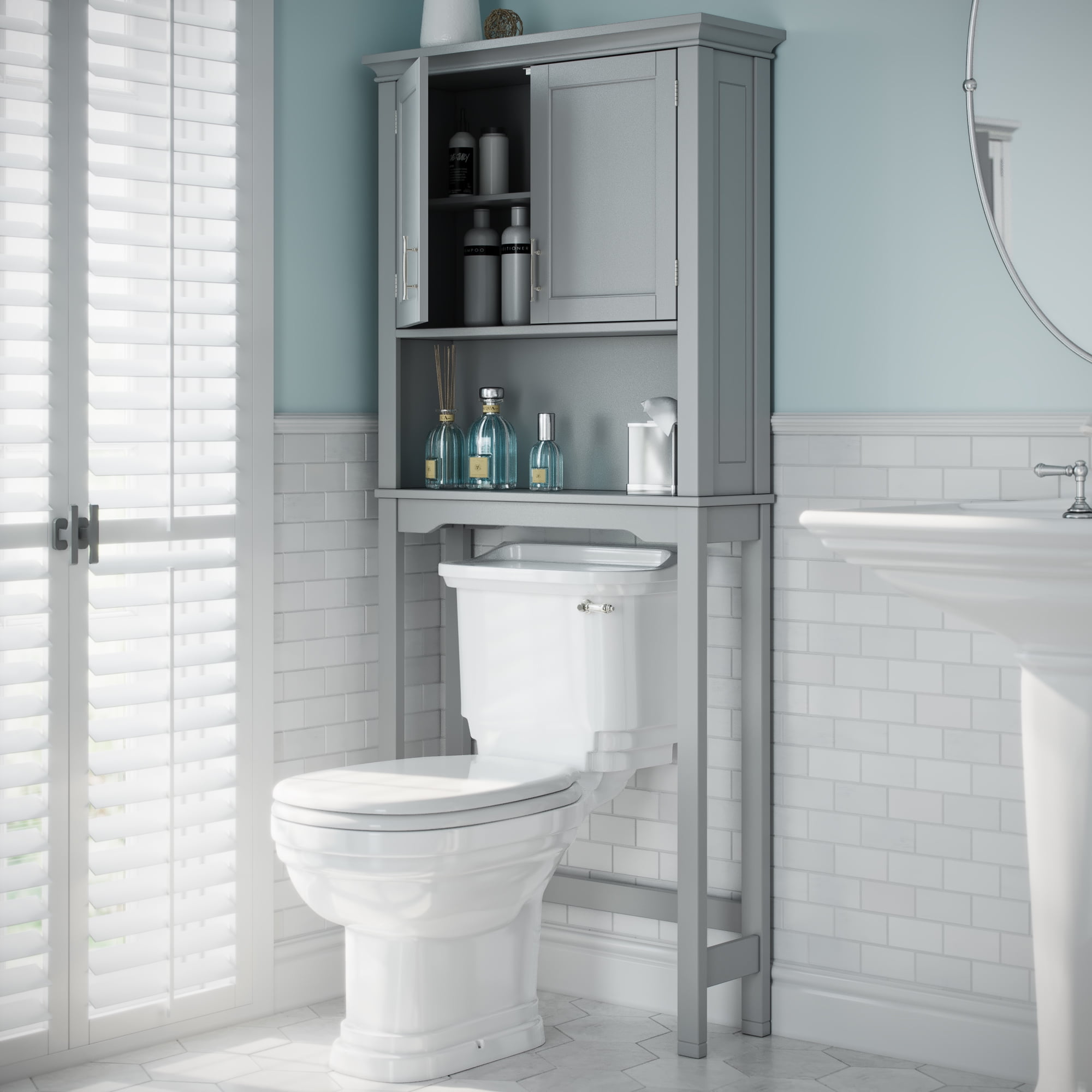 Transitional Gray Engineered Wood Over-the-Toilet Storage with Adjustable Shelves