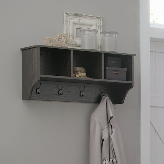 RiverRidge Woodbury Entryway Wall Shelf with Coat Rack Cubby Storage - Weathered Woodgrain