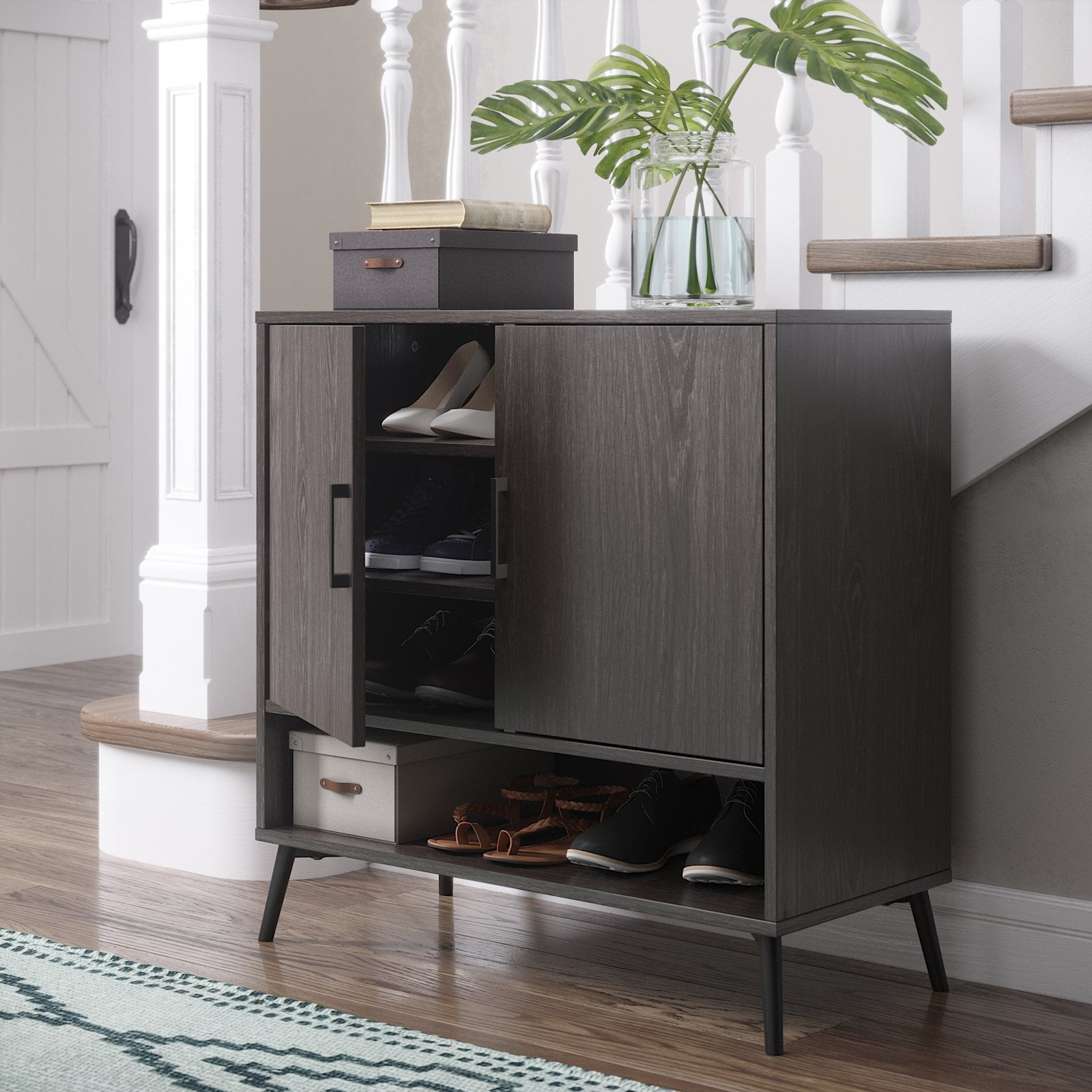 RiverRidge Woodbury Shoe Cabinet Organizer with 12-Pair Shoe Rack Capacity, Entryway Storage Cabinet with Open \u0026 Adjustable Interior Shelves - Weathered Woodgrain