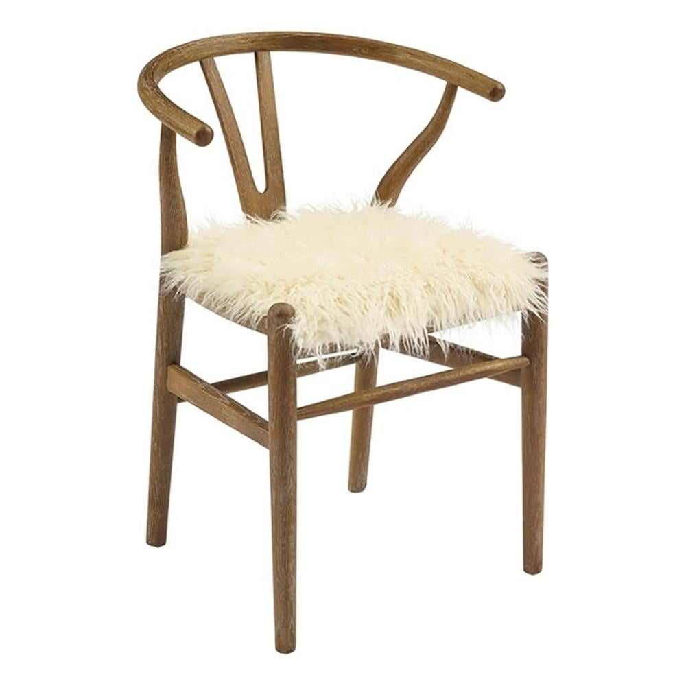Trendy Gray-Brown Wishbone Chair with Plush Faux Fur Seat