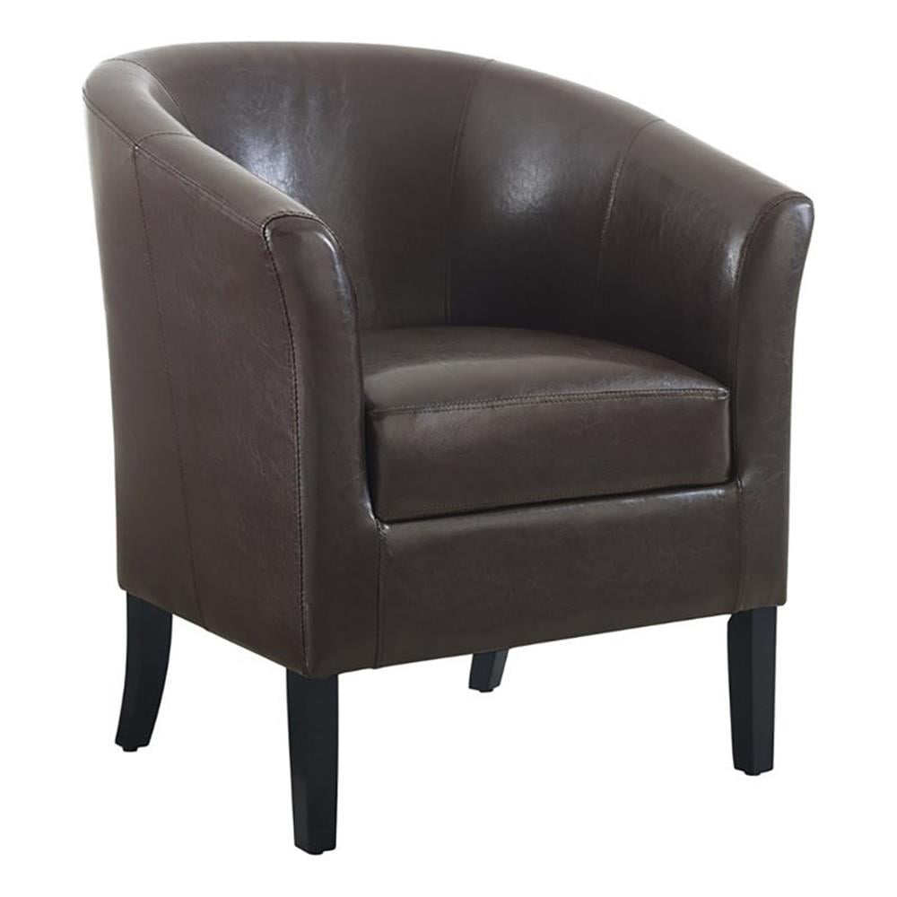 Brown Faux Leather Barrel Accent Chair with Wood Frame