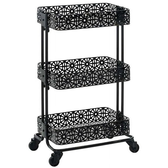 Riverbay Furniture 3 Tier Metal Serving Cart in Distressed Glossy Black