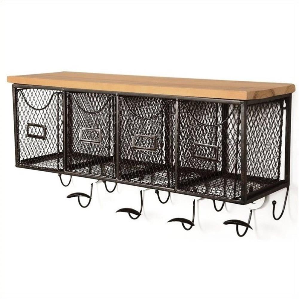 Black and Brown Metal and Wood Wall Organizer with 4 Baskets