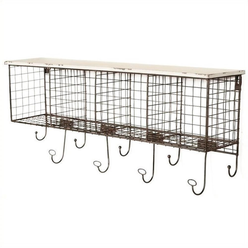 Distressed White Wood Floating Wall Shelf with Hooks