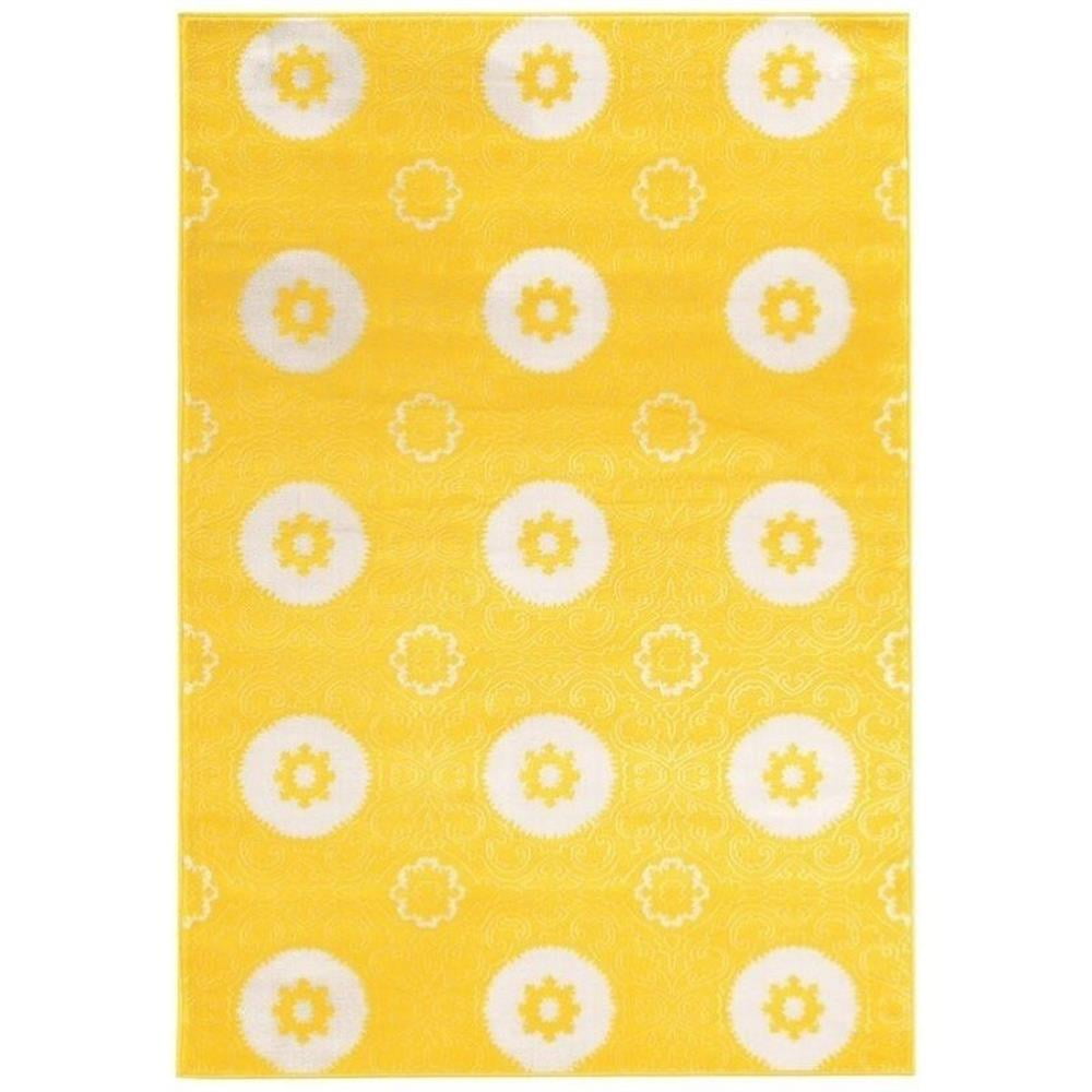 Yellow and White Faux Silk Transitional Rectangular Rug