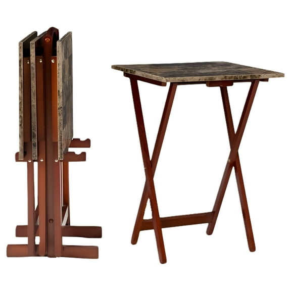 Riverbay Furniture 5-Pcs Brown Faux Marble Folding Tray Table Set, Brown