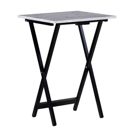 Riverbay Furniture 5-Piece Marble Folding Tray Table Set w/ Stand in White/Black
