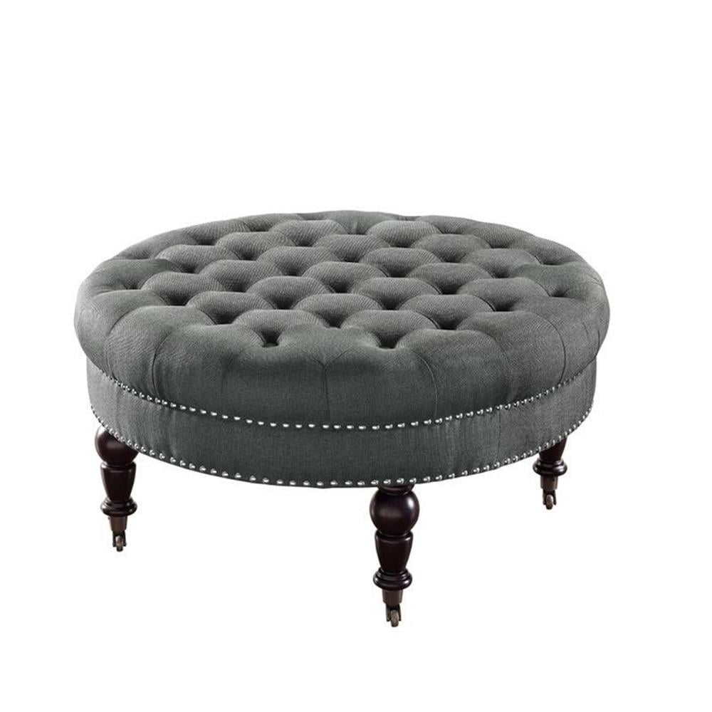 Charcoal Linen Tufted Round Ottoman with Nailhead Trim