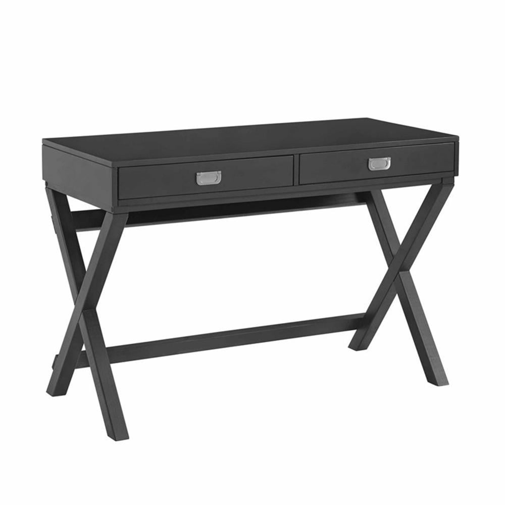 Sleek X-Framed Black Wood Writing Desk with Silver Hardware