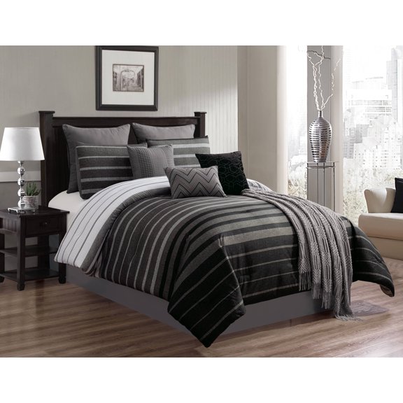 Riverbrook Home 10 PC Comforter Set, King, Black/Grey, Barkley, Striped, Polyfil Filling, Adult