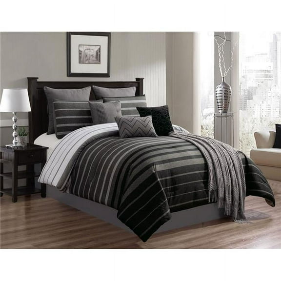 Riverbrook Home 10 PC Comforter Set, Queen, Black/Grey, Barkley, Striped, Polyfil Filling, Adult