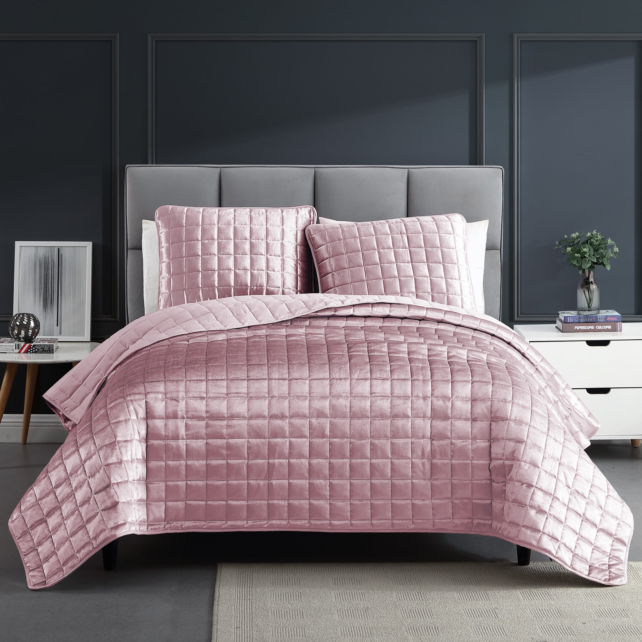 King Size Blush Velvet Reversible Coverlet Set