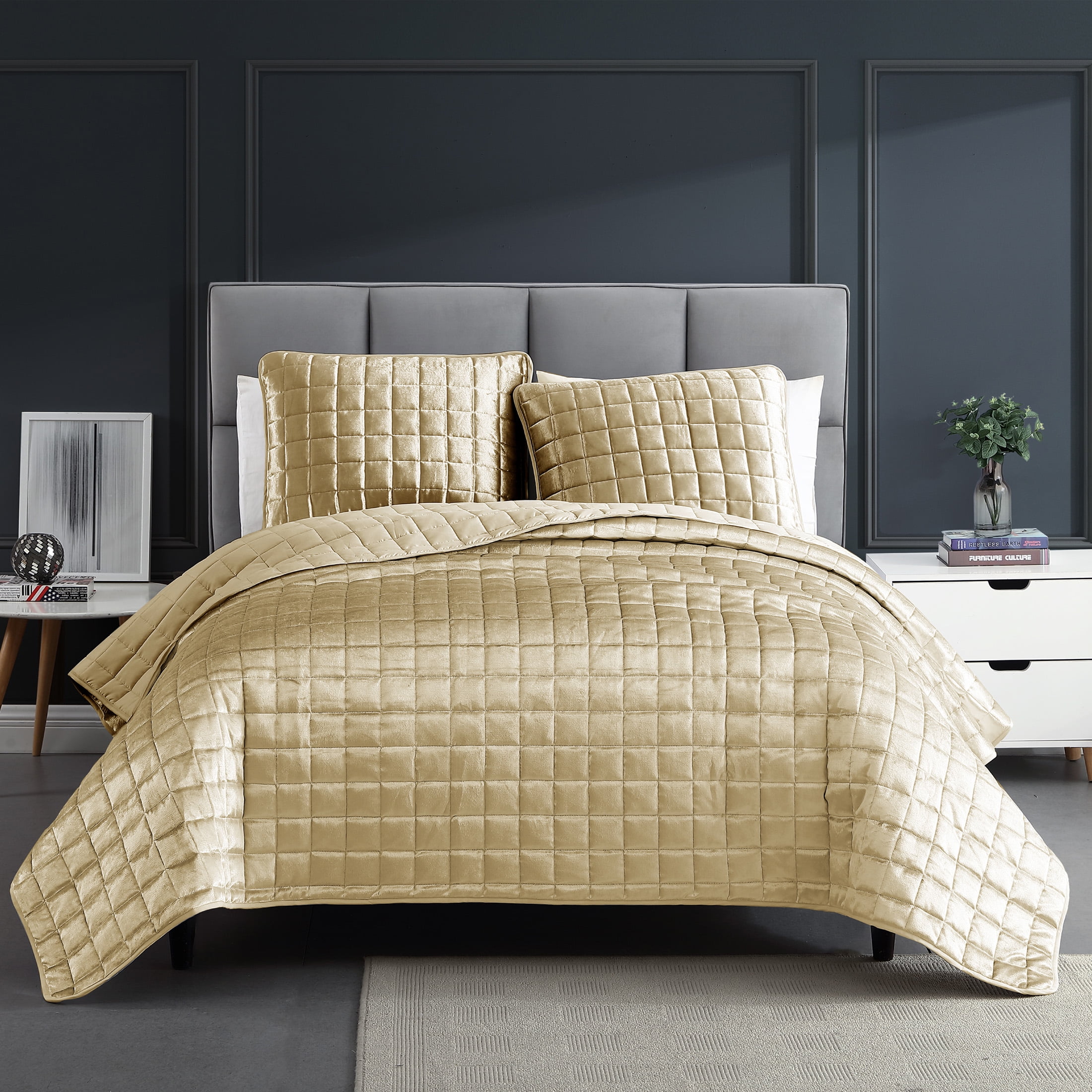 Lyndon Gold Shimmer Velvet King Coverlet Set - 3 Pieces