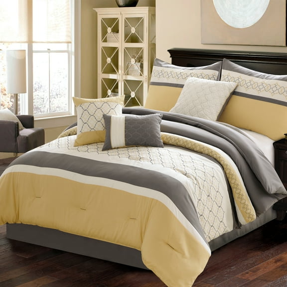 Riverbrook Home 7 Pc Comforter Set, Queen, Yellow/Gray, Verdugo, Embroidered, Polyfil
